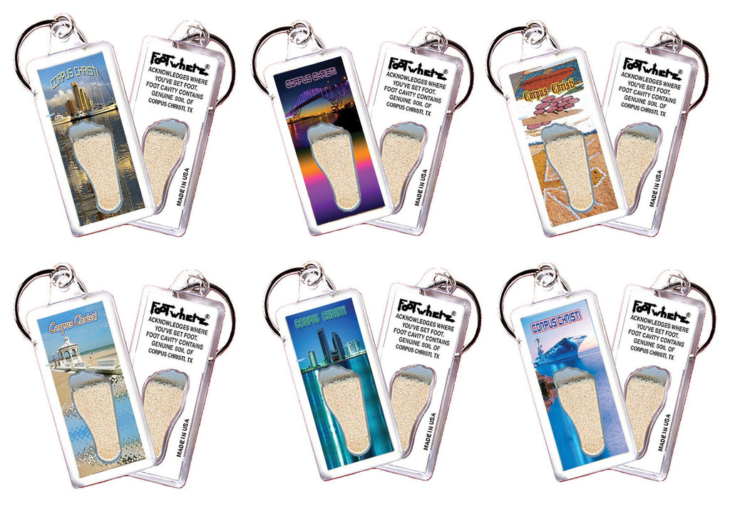 Corpus Christi FootWhere® Souvenir Keychains. 6 Piece Set. Made in USA-FootWhere® Souvenirs