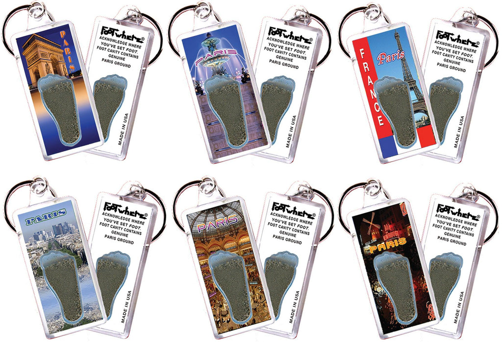 Paris FootWhere® Souvenir Keychains. 6 Piece Set. Made in USA - FootWhere® Souvenir Shop